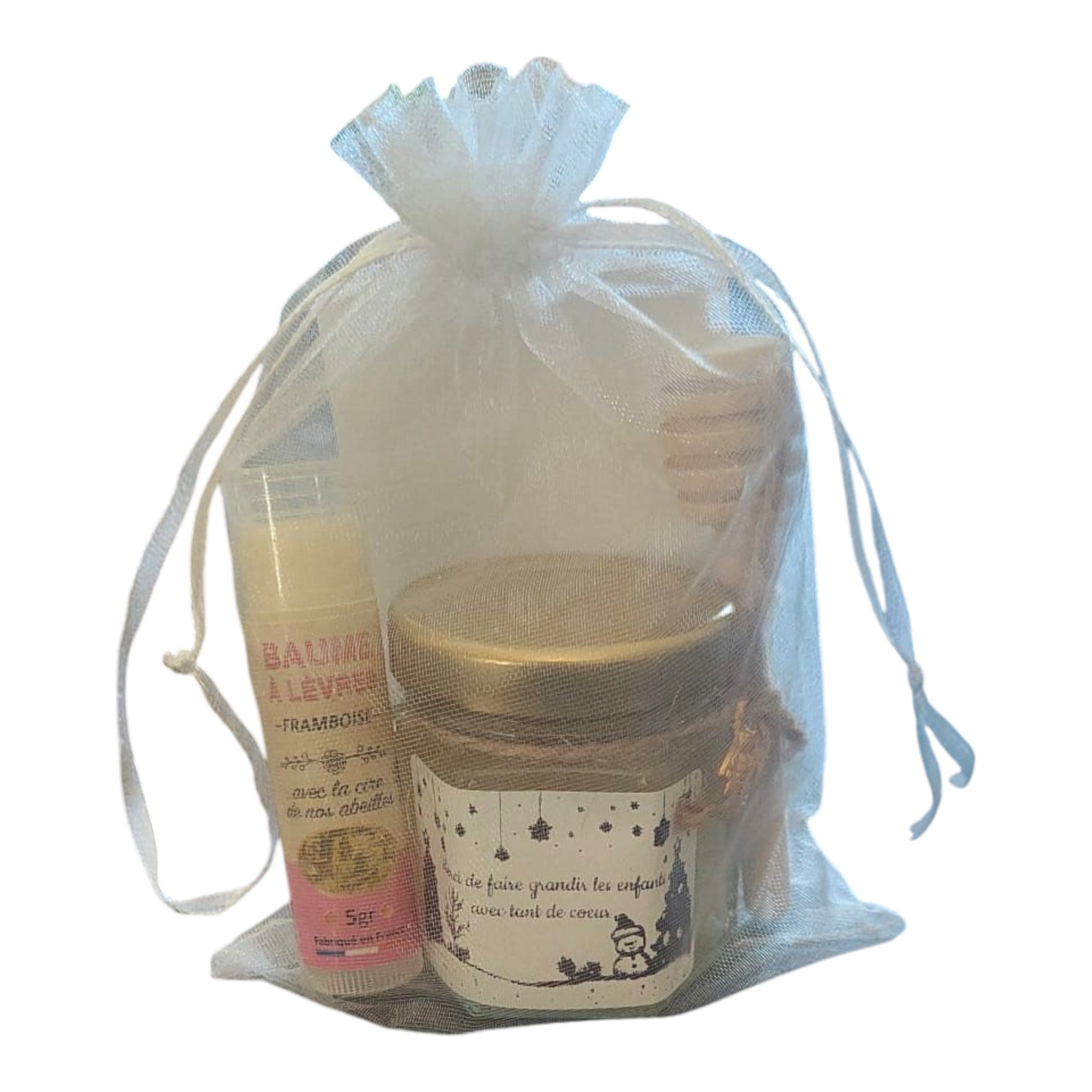 Cadeau personnalisé pour maîtresse avec mini pot de miel artisanal, baume à lèvres à la cire de nos abeilles parfum framboise, cuillère à miel en bois, breloque abeille et étiquette « Merci de faire grandir les enfants avec tant de cœur ».