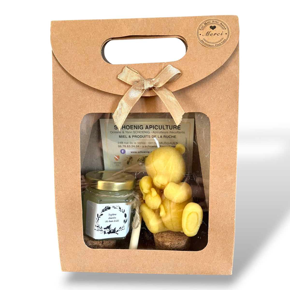 Cadeau naissance ou baptême avec bougie ourson en cire d’abeille et pot de miel personnalisé, souvenir artisanal unique