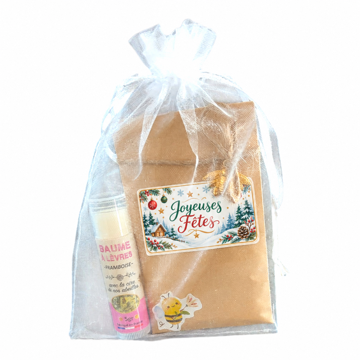 Cadeau de Noël Joyeuses Fêtes avec sachet de graines et baume à lèvres artisanal