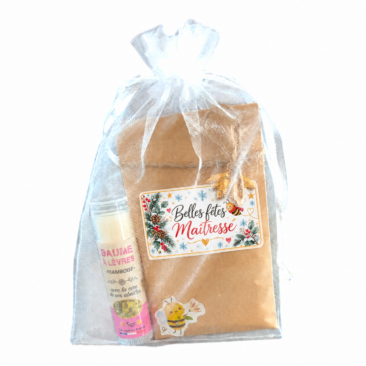 Cadeau de Noël pour maîtresse avec sachet de graines et baume à lèvres artisanal