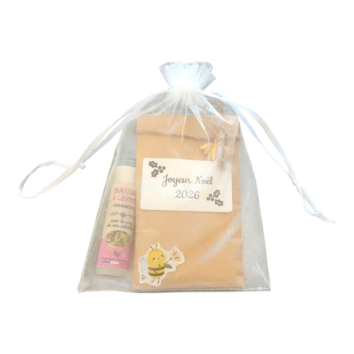 Cadeau de Noël avec message personnalisé, sachet de graines à planter et baume à lèvres artisanal fabriqué à partir de cire d'abeille.