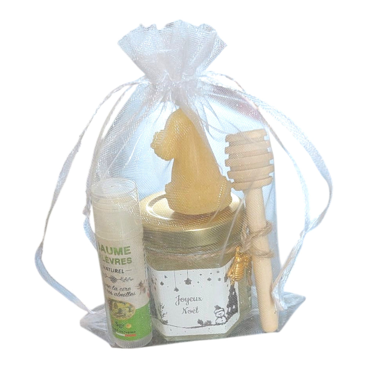 Cadeau de Noël personnalisé avec mini pot de miel, baume à lèvres artisanal et bougie en cire d'abeille, idéal comme cadeau de fin d'année, Secret Santa ou cadeau de remerciement.