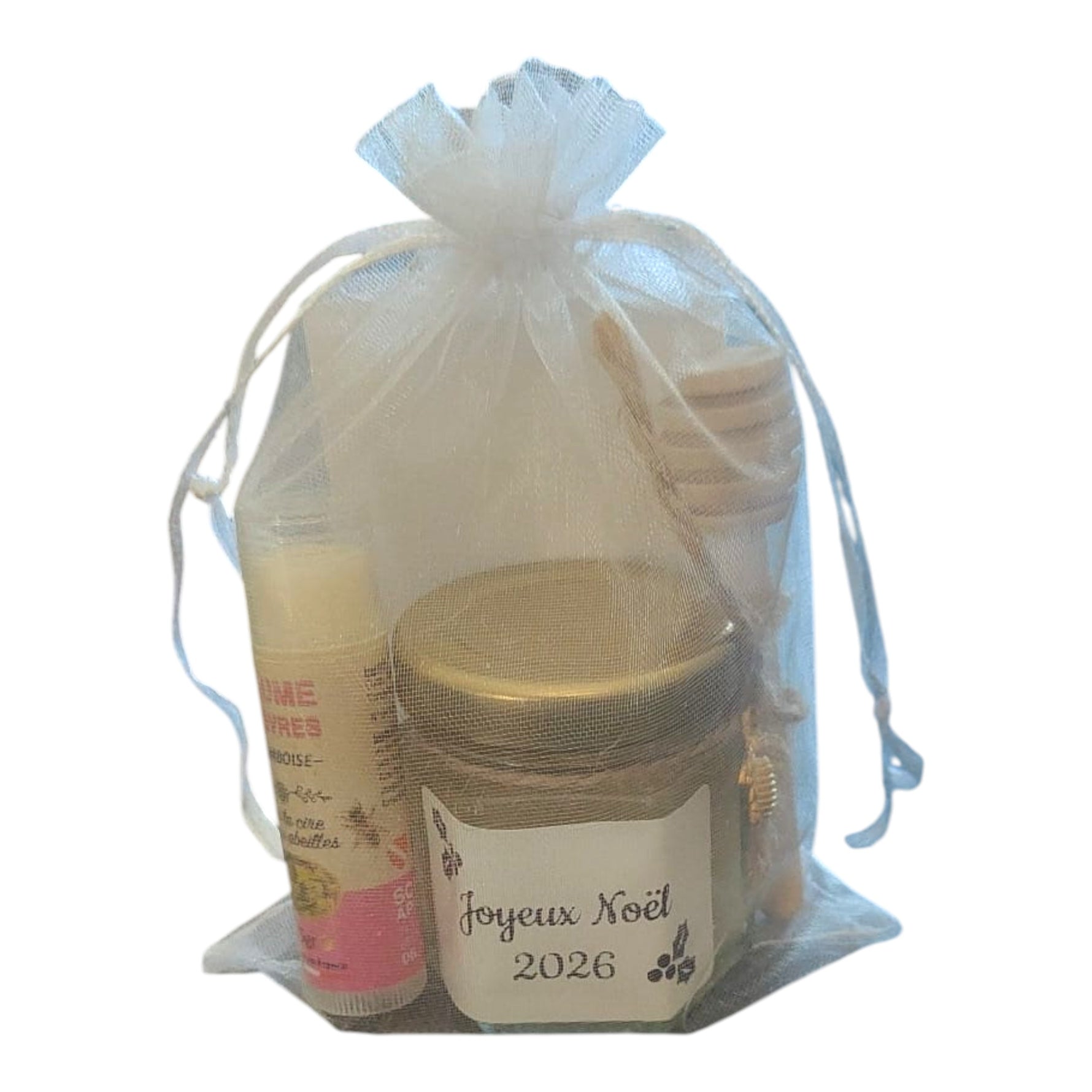 Cadeau de Noël personnalisé avec mini pot de miel artisanal, baume à lèvres à la cire d'abeille parfum framboise, cuillère à miel en bois, breloque abeille et étiquette « Joyeux Noël 2026 ».