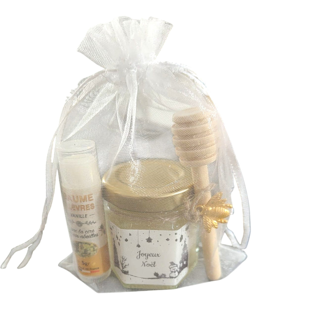 Cadeau de Noël personnalisé avec mini pot de miel artisanal, étiquette Joyeux Noël, baume à lèvres à la cire de nos abeilles, cuillère à miel en bois, breloque abeille et pochon cadeau.