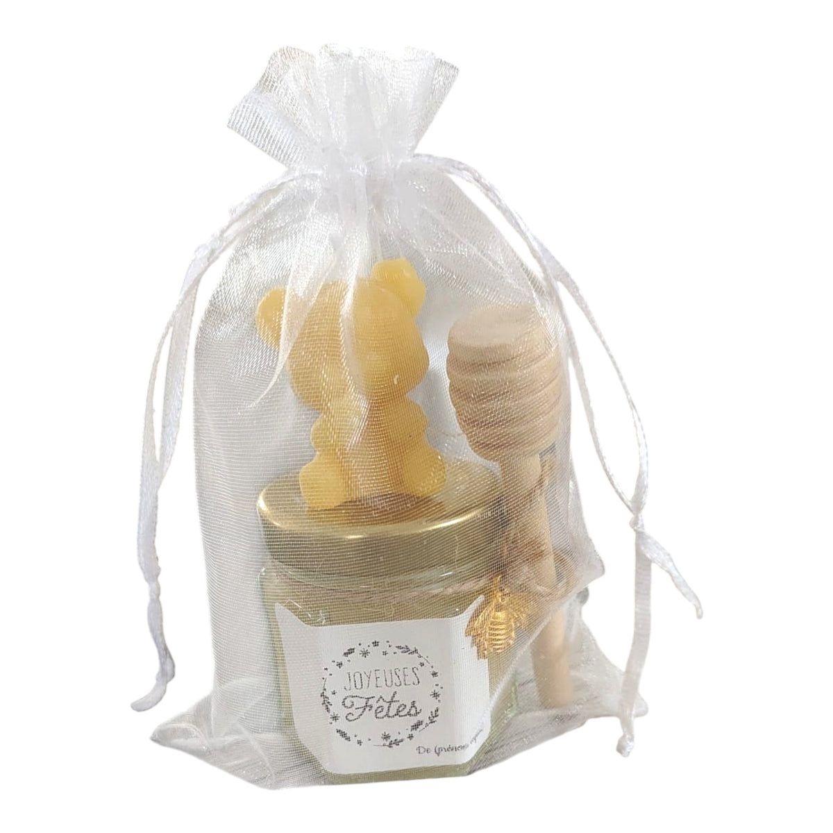 Cadeau de Noël personnalisé avec mini pot de miel artisanal, petite bougie ourson en cire d'abeille, cuillère à miel en bois, breloque abeille et étiquette Joyeux Noël.