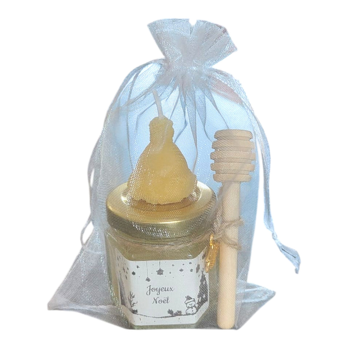 Petit cadeau de Noël et de remerciement avec mini pot de miel de nos ruches, bougie artisanale en cire d'abeille et cuillère à miel en bois.