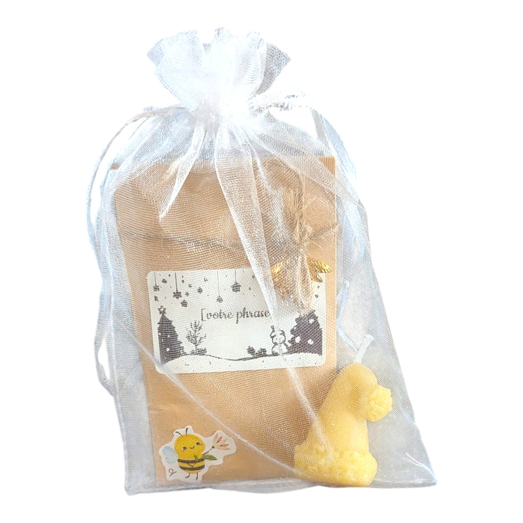 Cadeau de Noël personnalisé avec sachet de graines à étiquette entièrement personnalisable et bougie artisanale en cire d'abeille de nos ruches, idée cadeau de remerciement.