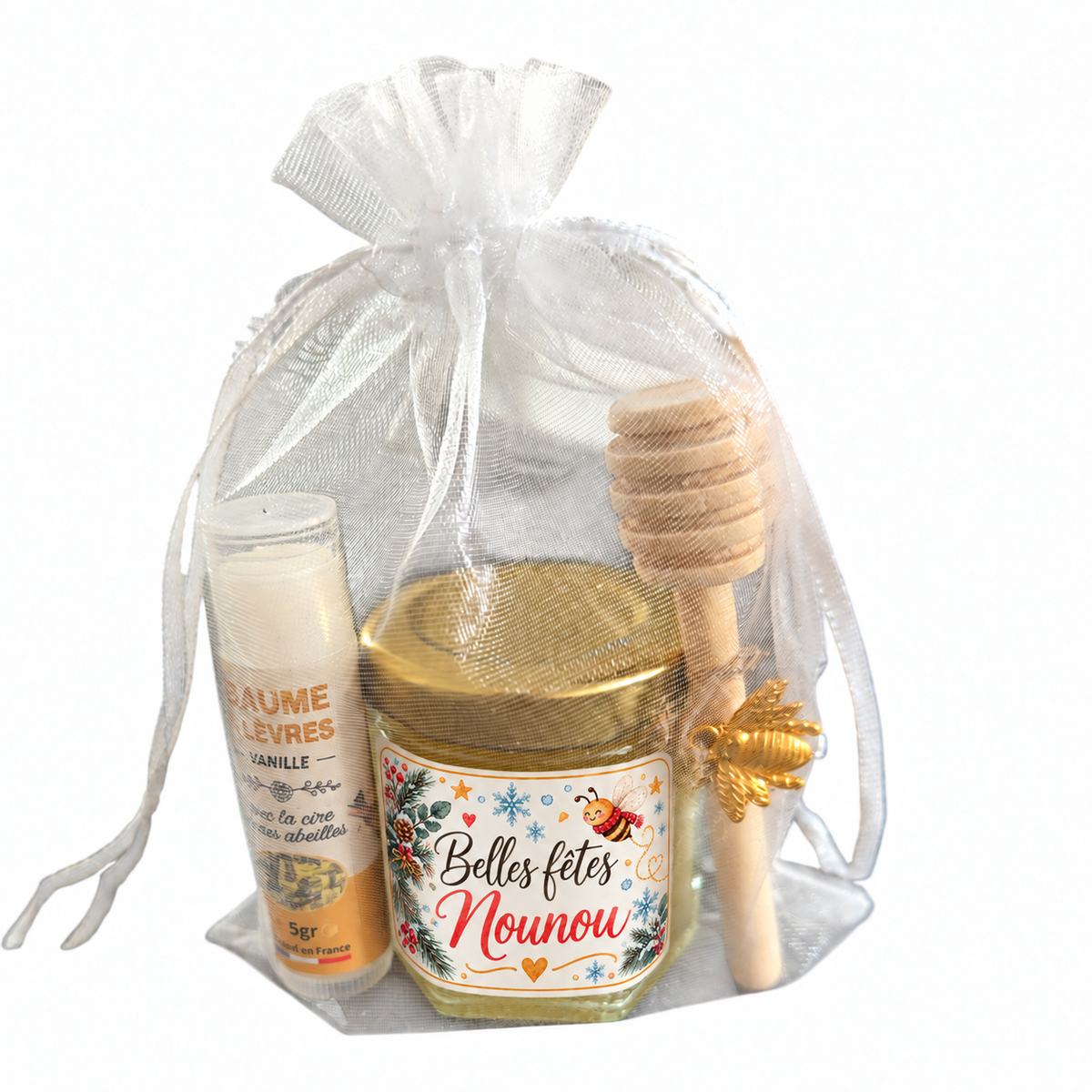 Cadeau Nounou de fin d’année avec miel artisanal, baume à lèvres vanille et étiquette Belles Fêtes Nounou