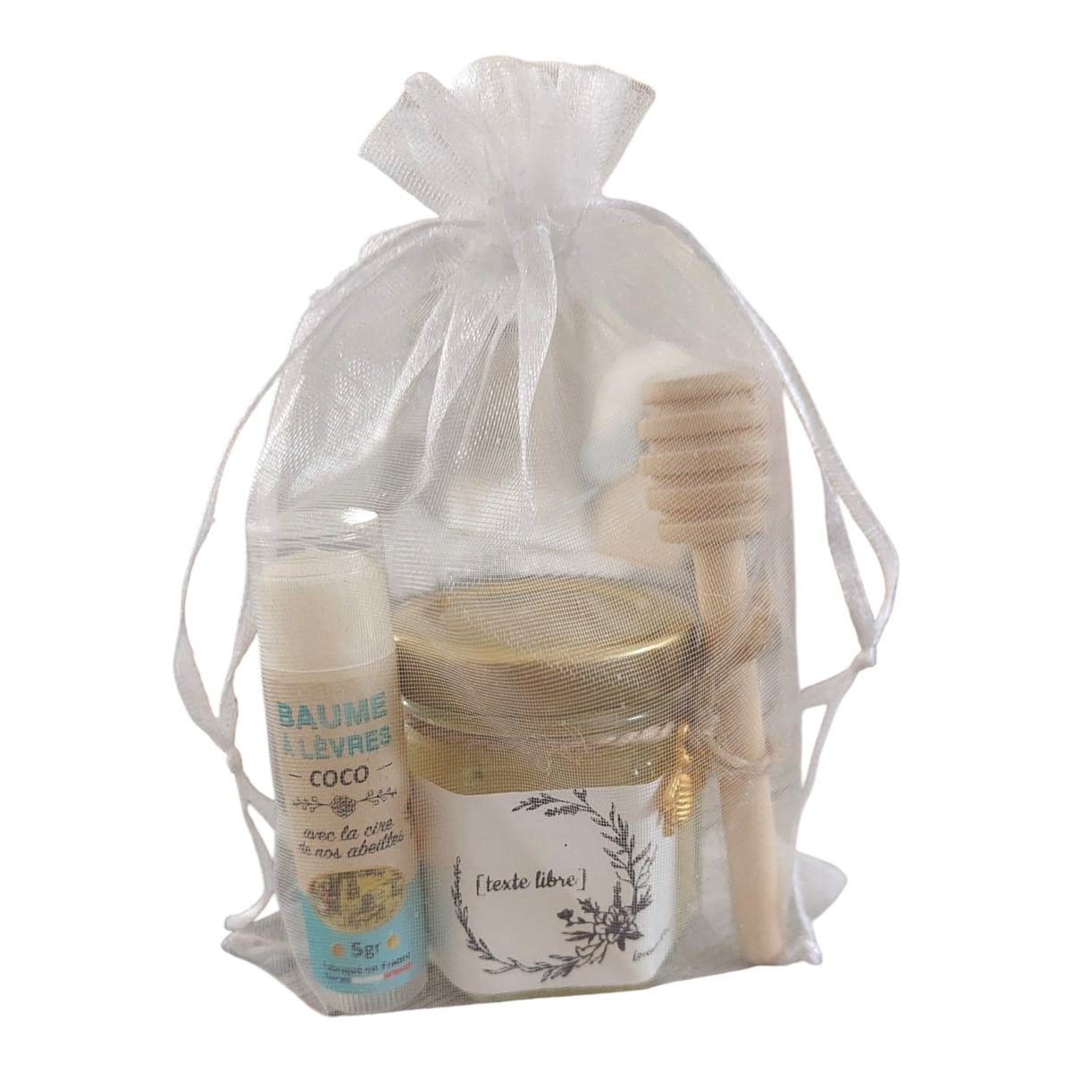 Cadeau personnalisé avec mini pot de miel artisanal, étiquette personnalisable, baume à lèvres artisanal à la cire de nos abeilles, cuillère à miel en bois, breloque abeille et pochon en organza.