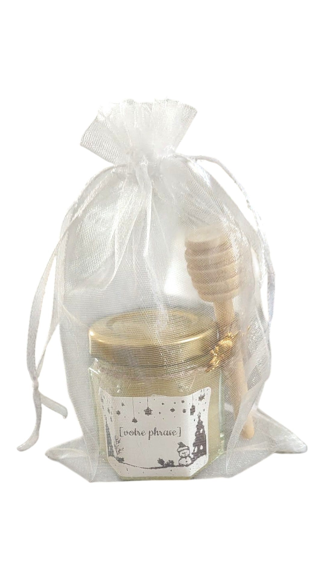 Mini pot de miel artisanal avec étiquette entièrement personnalisable, cuillère à miel en bois, breloque abeille dorée et pochon organza pour cadeau personnalisé.