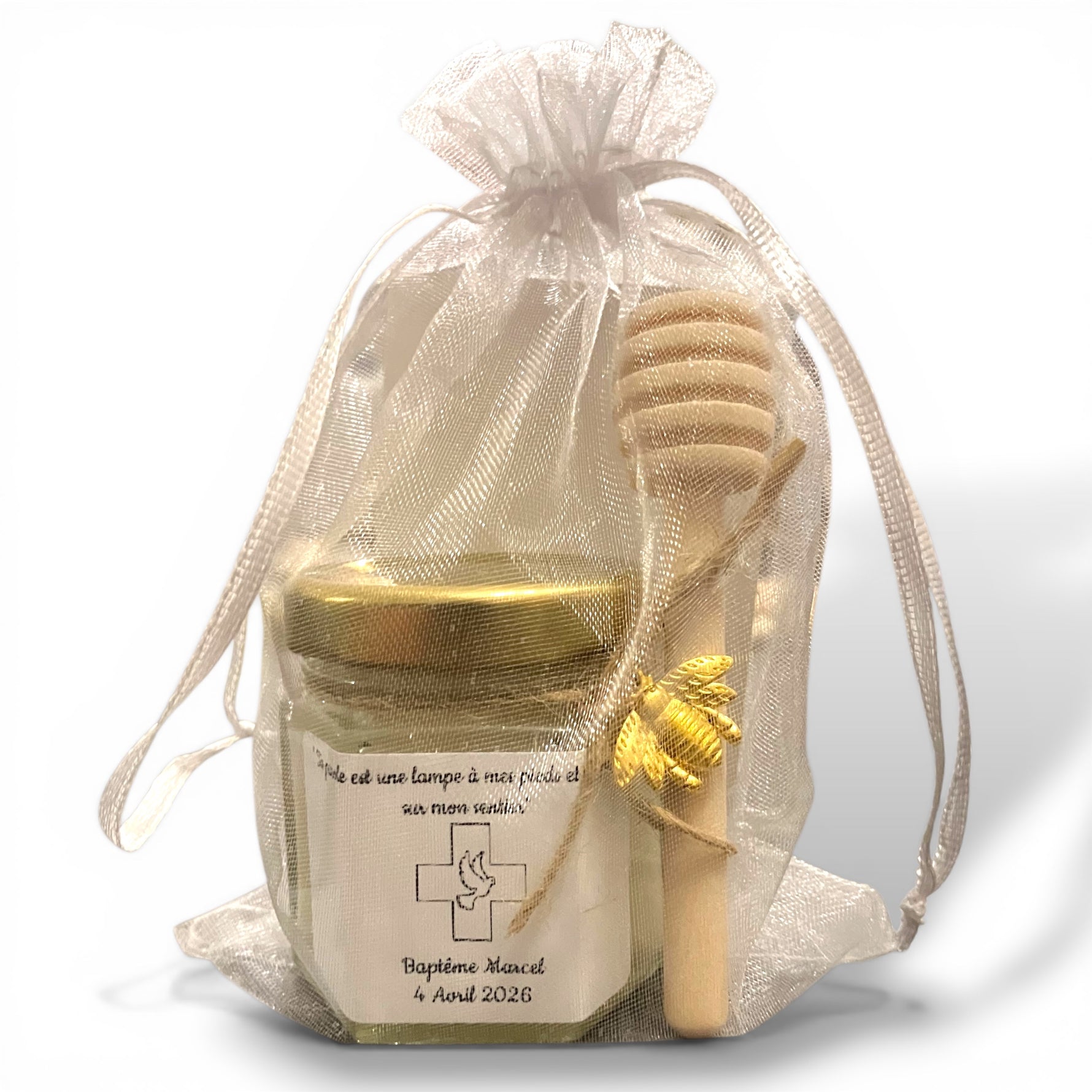 Petit pot de miel personnalisé avec une croix religieuse et une colombe pour baptême et communion 