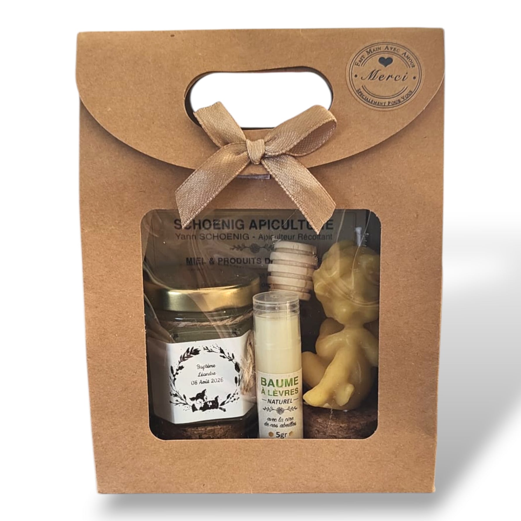 Coffret baptême pour invité avec miel artisanal, baume à lèvres et bougie ange en cire d’abeille
