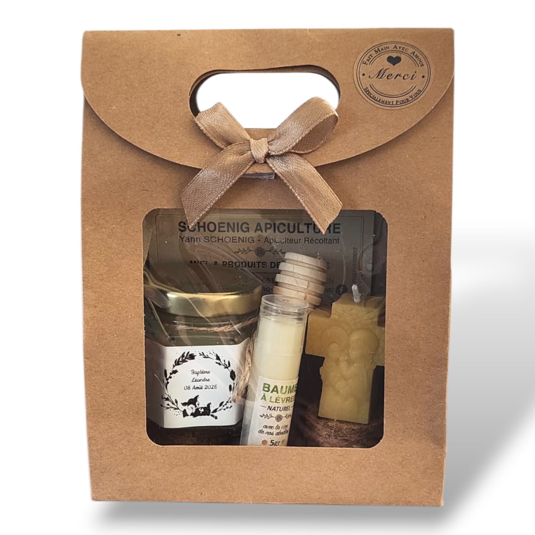 Idée cadeau baptême avec coffret miel artisanal, baume à lèvres naturel et bougie ange artisanale