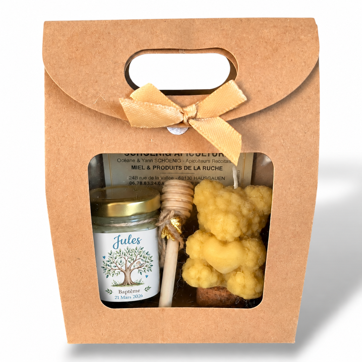Coffret baptême personnalisé Jules avec pot de miel artisanal, étiquette arbre de vie, bougie cire d’abeille et cuillère à miel en bois