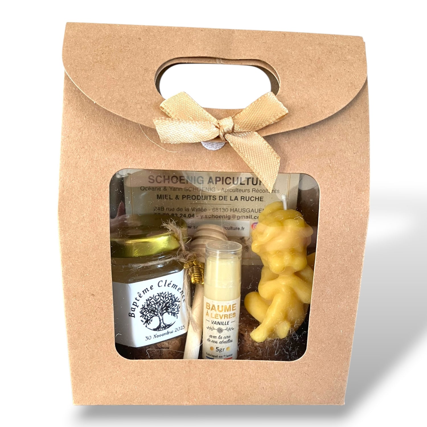 Coffret baptême personnalisé avec miel artisanal, bougie ange en cire d’abeille et baume à lèvres coco