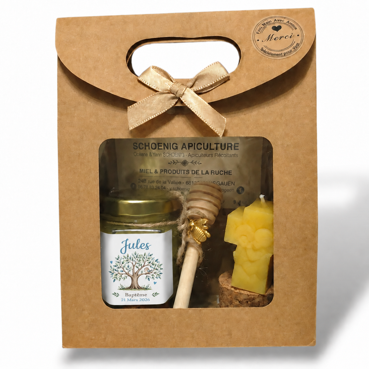 Coffret baptême Jules personnalisé avec pot de miel, étiquette arbre naturel, bougie en cire d’abeille et cuillère en bois