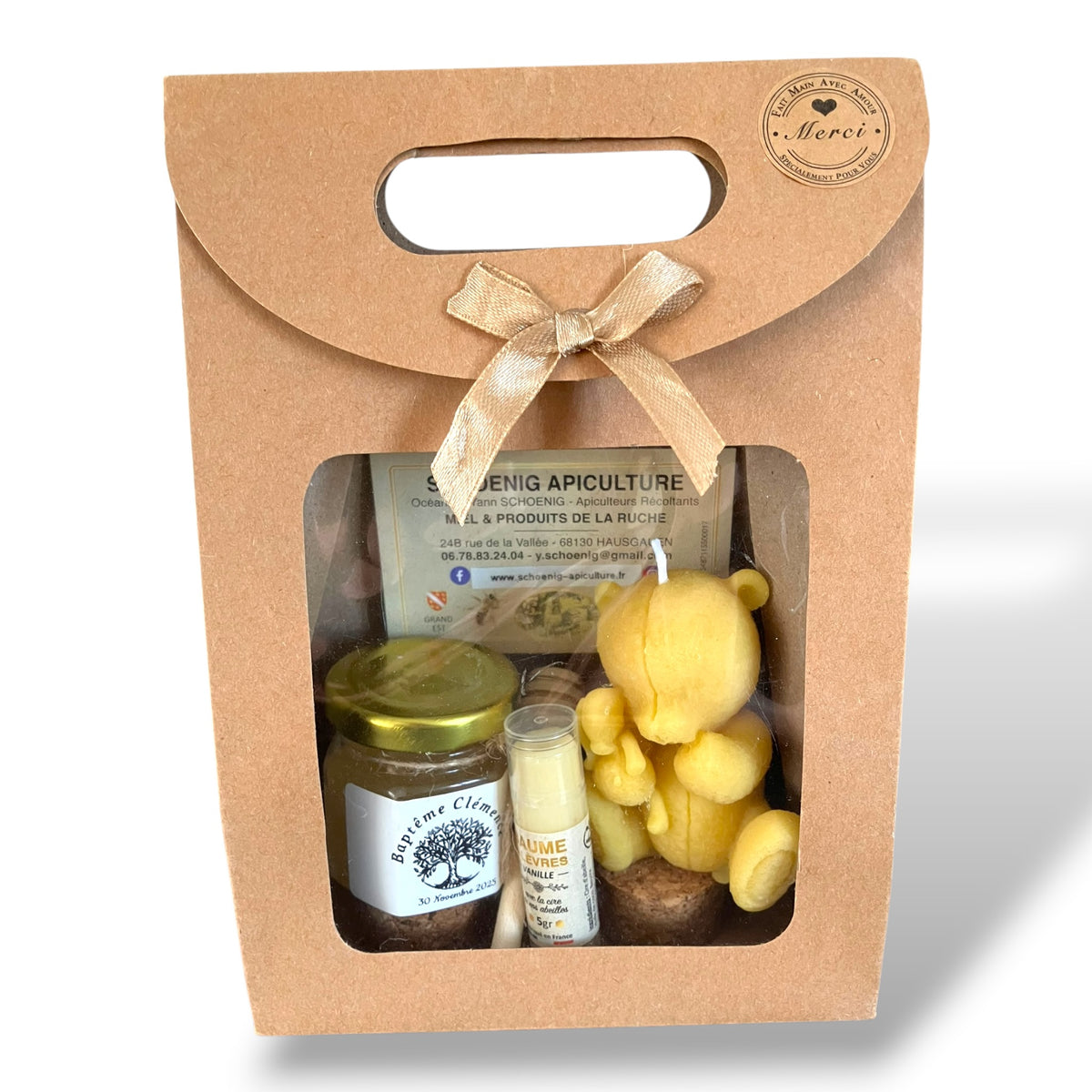 Coffret baptême personnalisé avec miel artisanal, étiquette prénom et date, bougie en cire d’abeille