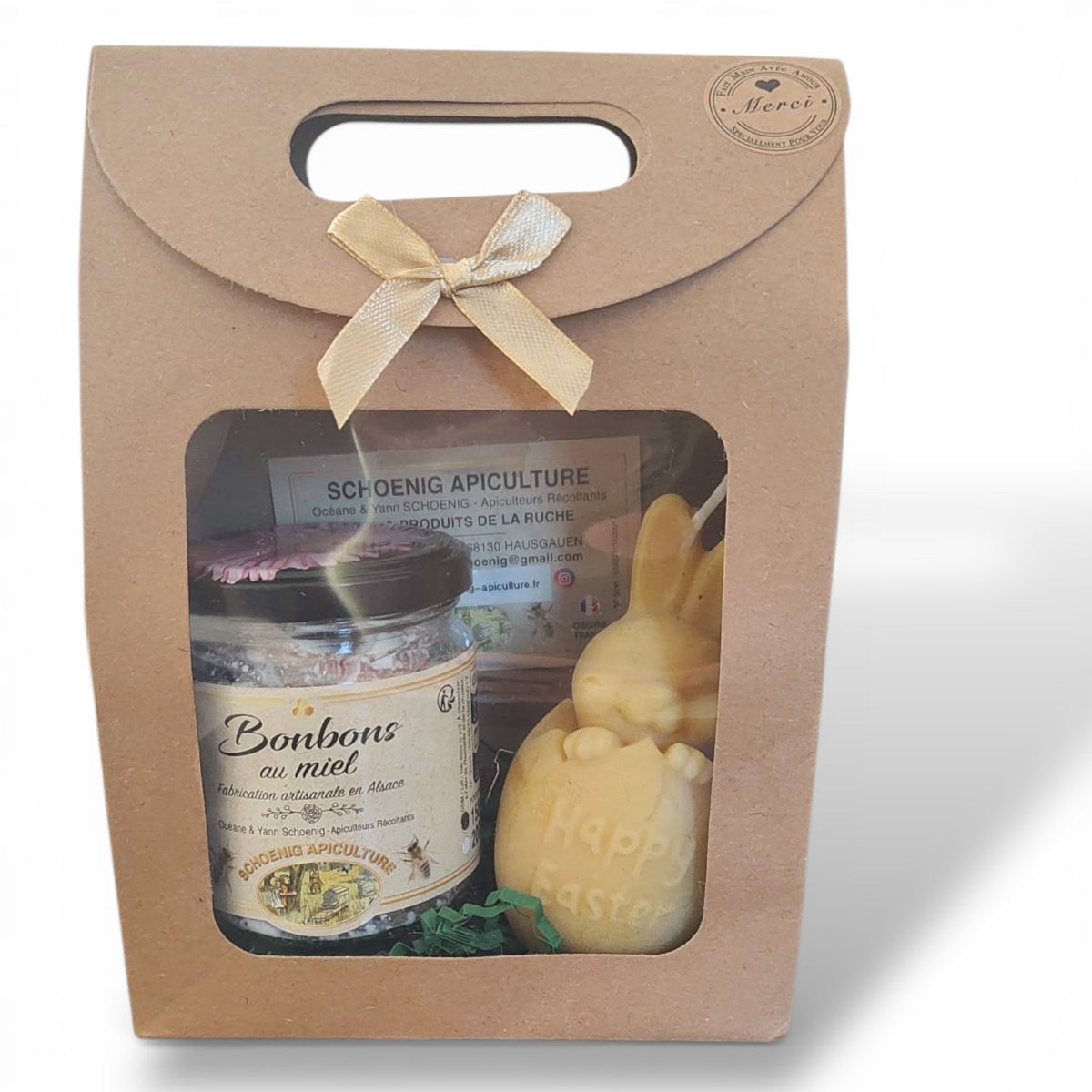 Coffret bonbons au miel et bougie artisanale dans boîte kraft avec fenêtre transparente cadeau naturel