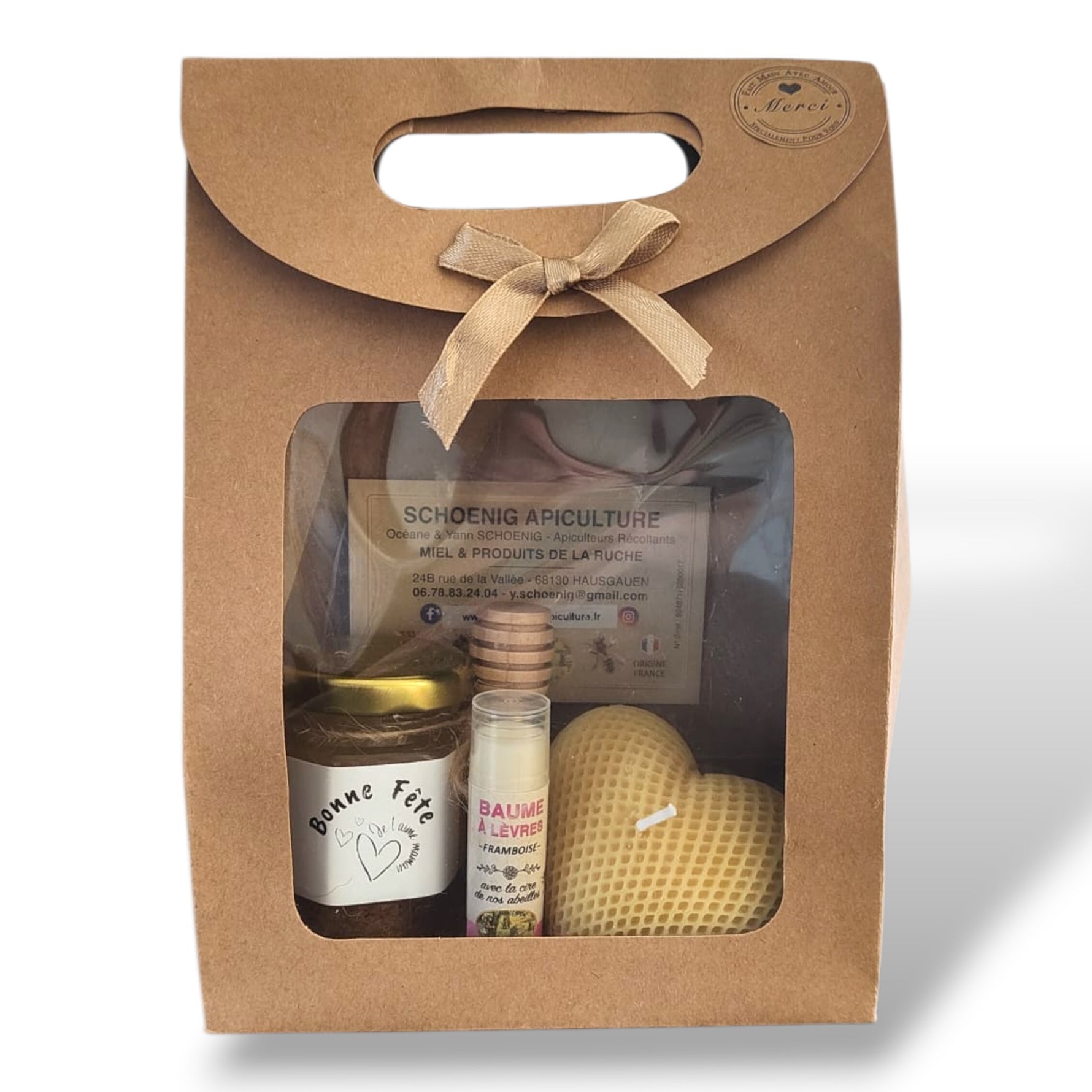 Coffret Bonne Fête Maman contenant miel de la ruche, baume à lèvres naturel et bougie cœur artisanale