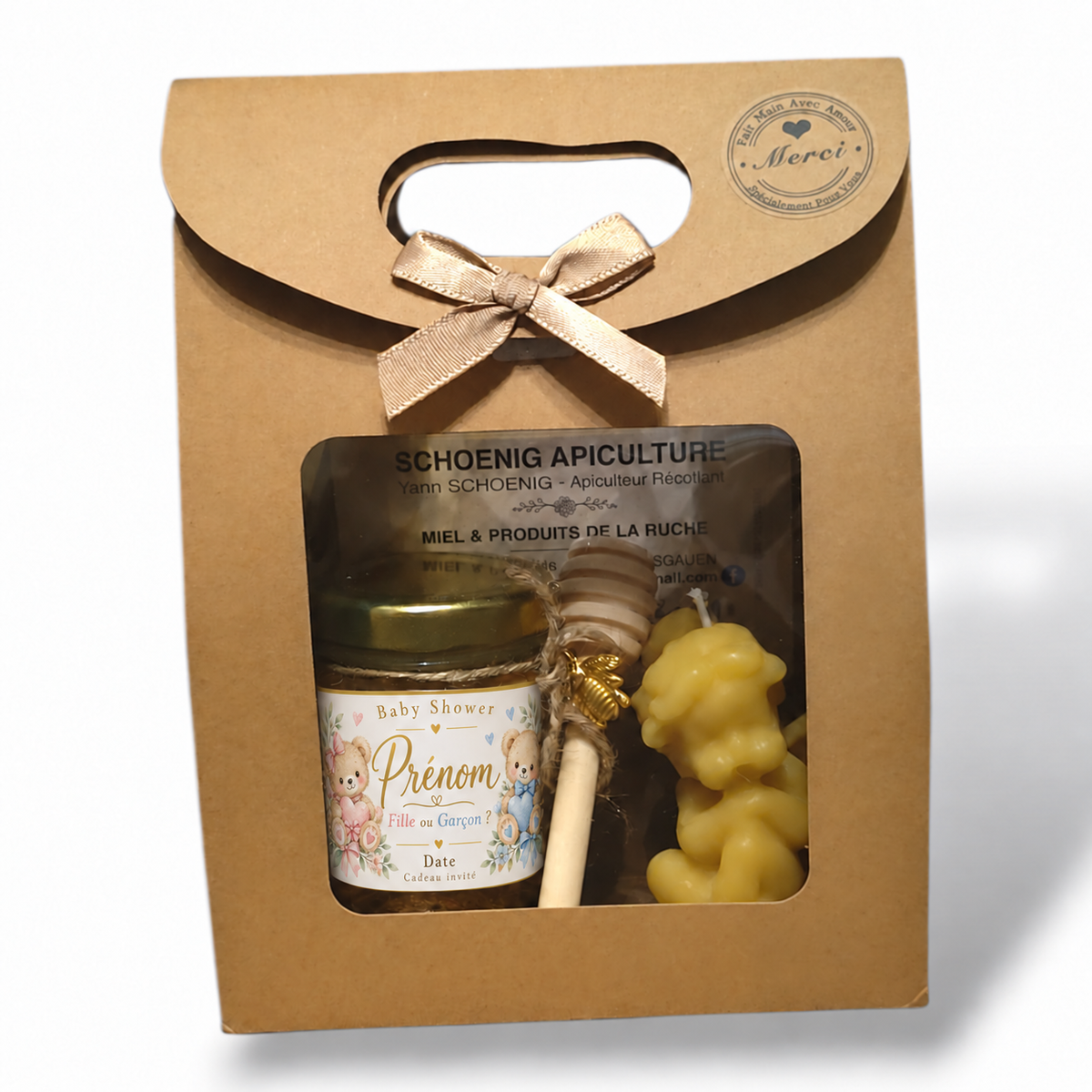 Coffret cadeau Baby Shower avec miel personnalisé et bougie artisanale ange fille