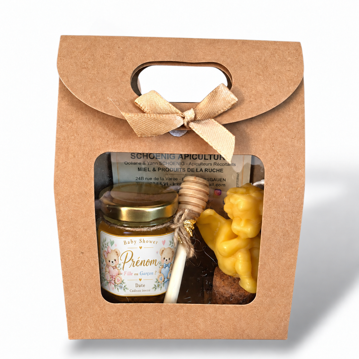 Coffret Baby Shower avec pot de miel personnalisé et bougie décorative en forme d'ange