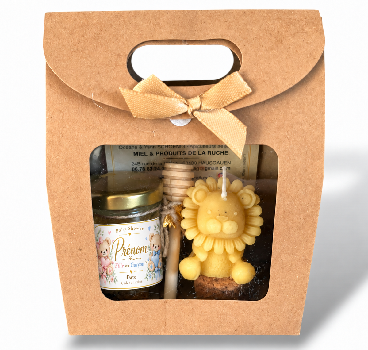 Coffret cadeau Baby Shower avec pot de miel personnalisé et bougie artisanale lionceau