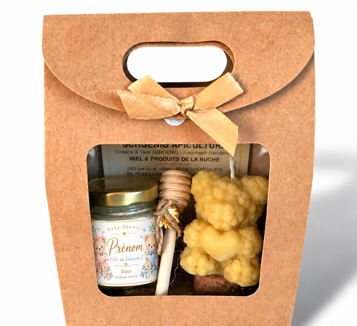 Coffret Baby Shower fille ou garçon avec miel personnalisé et bougie ourson tenant un cœur