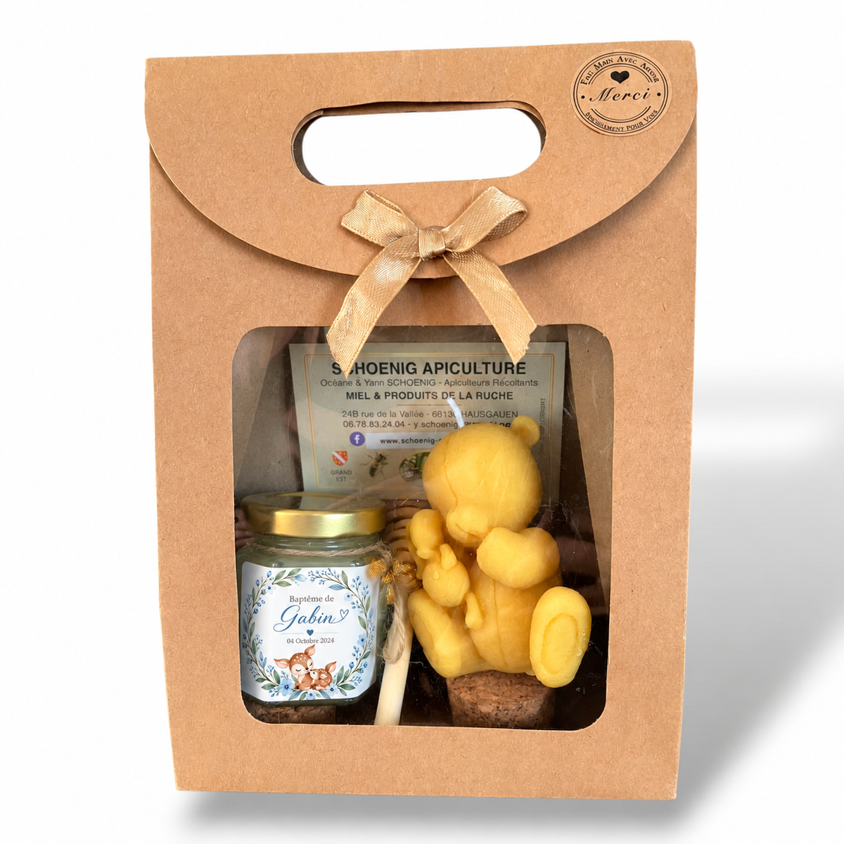 Coffret cadeau invité baptême personnalisé avec pot de miel artisanal et bougie en cire d’abeille prénom Gabin
