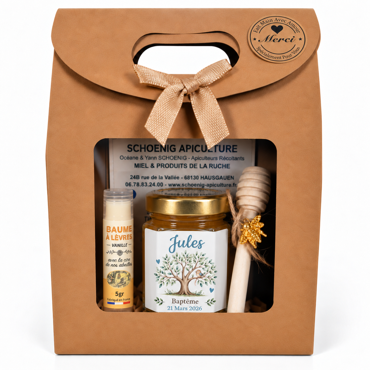 Coffret cadeau baptême personnalisé avec miel artisanal et baume à lèvres vanille – Jules