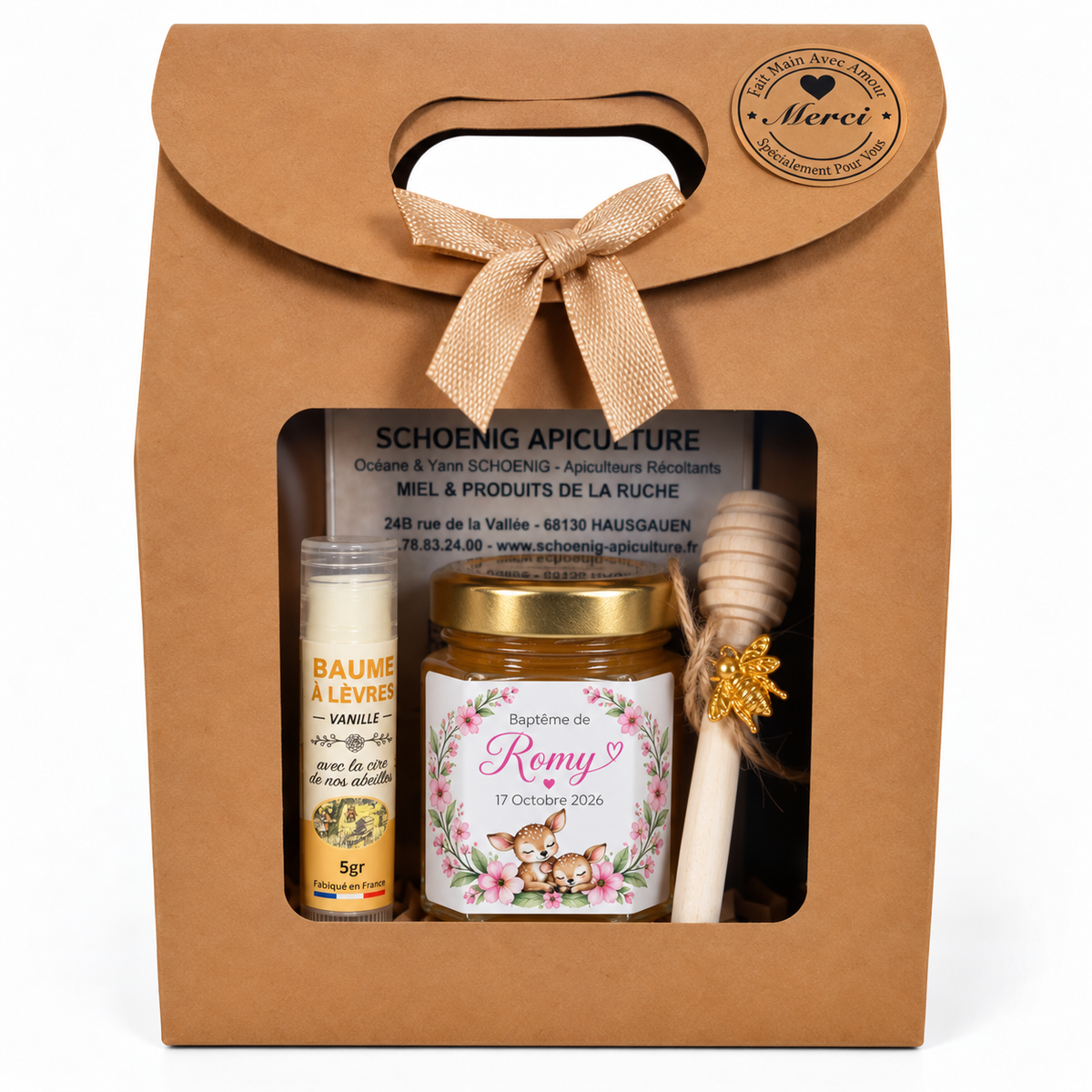 Coffret cadeau invité baptême avec miel personnalisé et baume à lèvres Romy