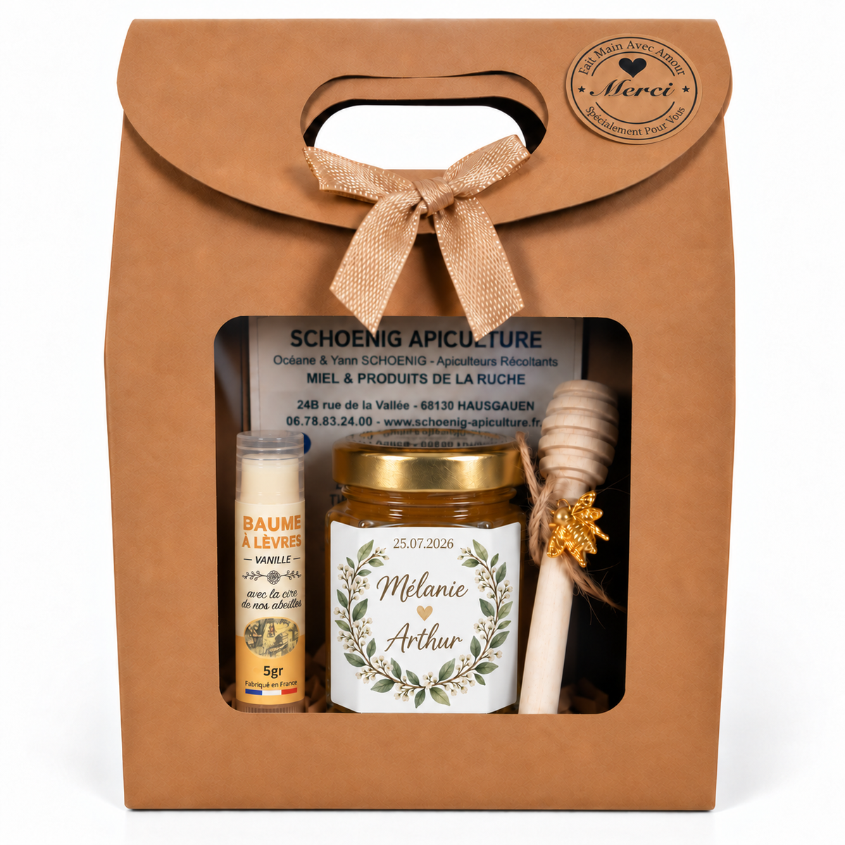 Coffret cadeau baptême avec miel personnalisé Mélanie et Arthur, baume à lèvres et cuillère à miel