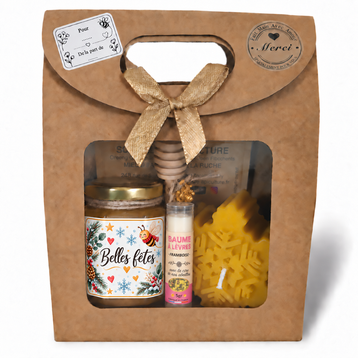 Coffret cadeau Belles Fêtes avec miel artisanal, baume à lèvres à la cire d’abeille et bougie flocon pour les fêtes de fin d’année
