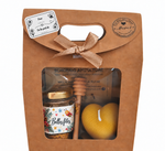 Coffret cadeau Belles fêtes avec miel, bougie cœur gaufrée en cire d’abeille et étiquette cadeau personnalisable