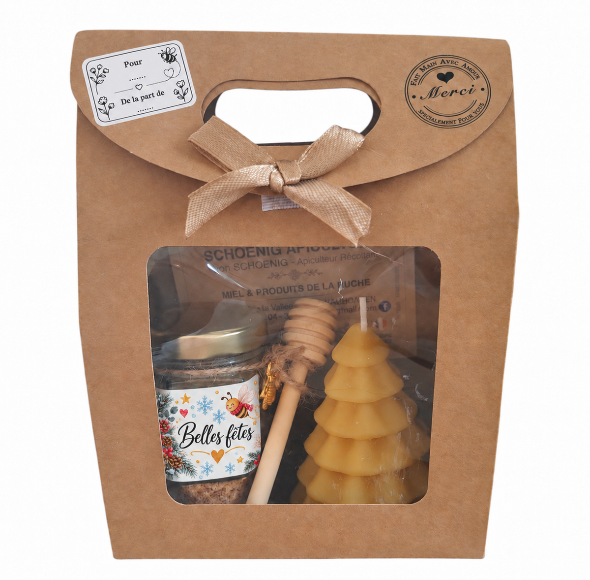 Coffret cadeau Belles fêtes avec miel, bougie sapin en cire d’abeille et étiquette cadeau personnalisable