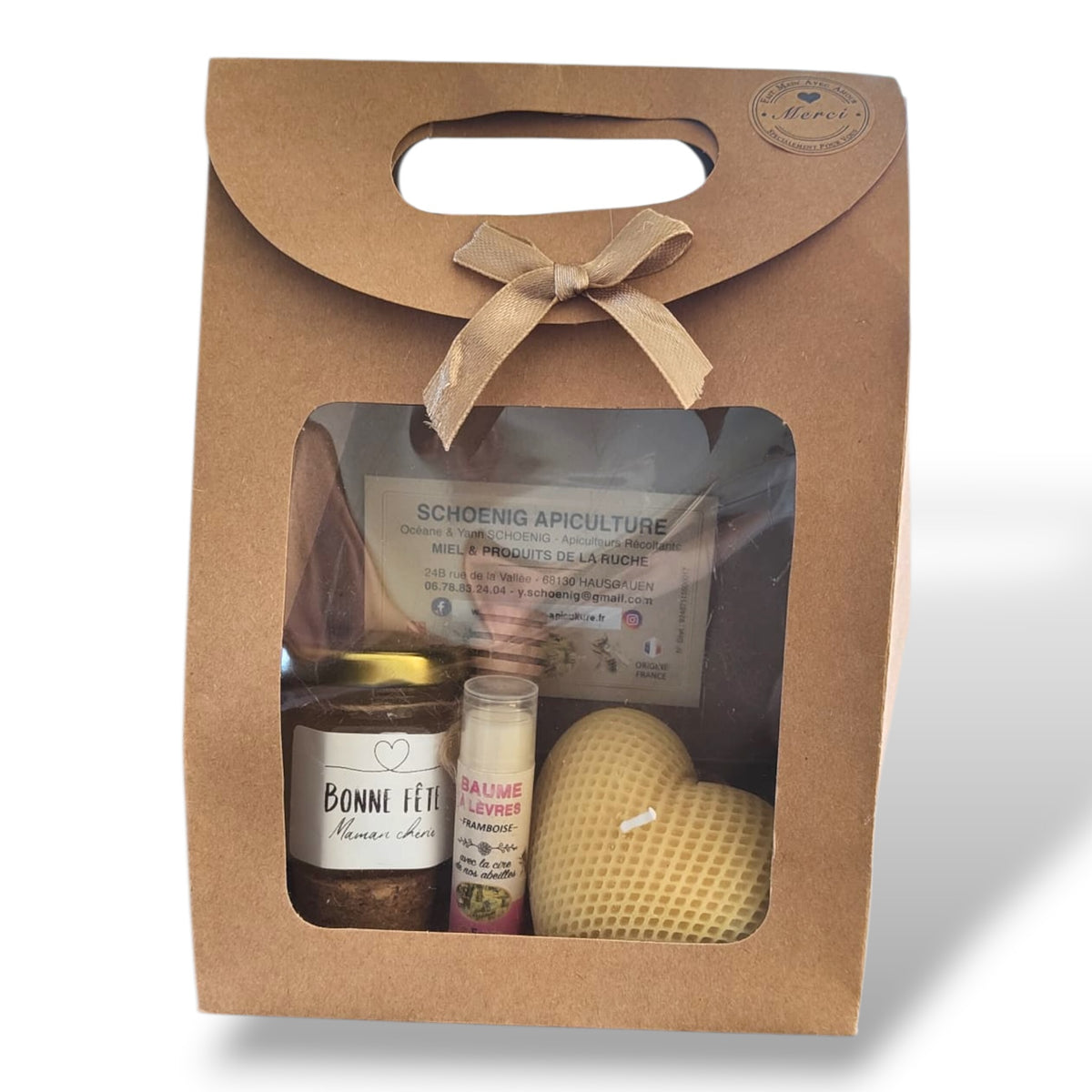 Coffret cadeau Bonne Fête Maman avec miel artisanal, baume à lèvres framboise et bougie cœur en cire d’abeille