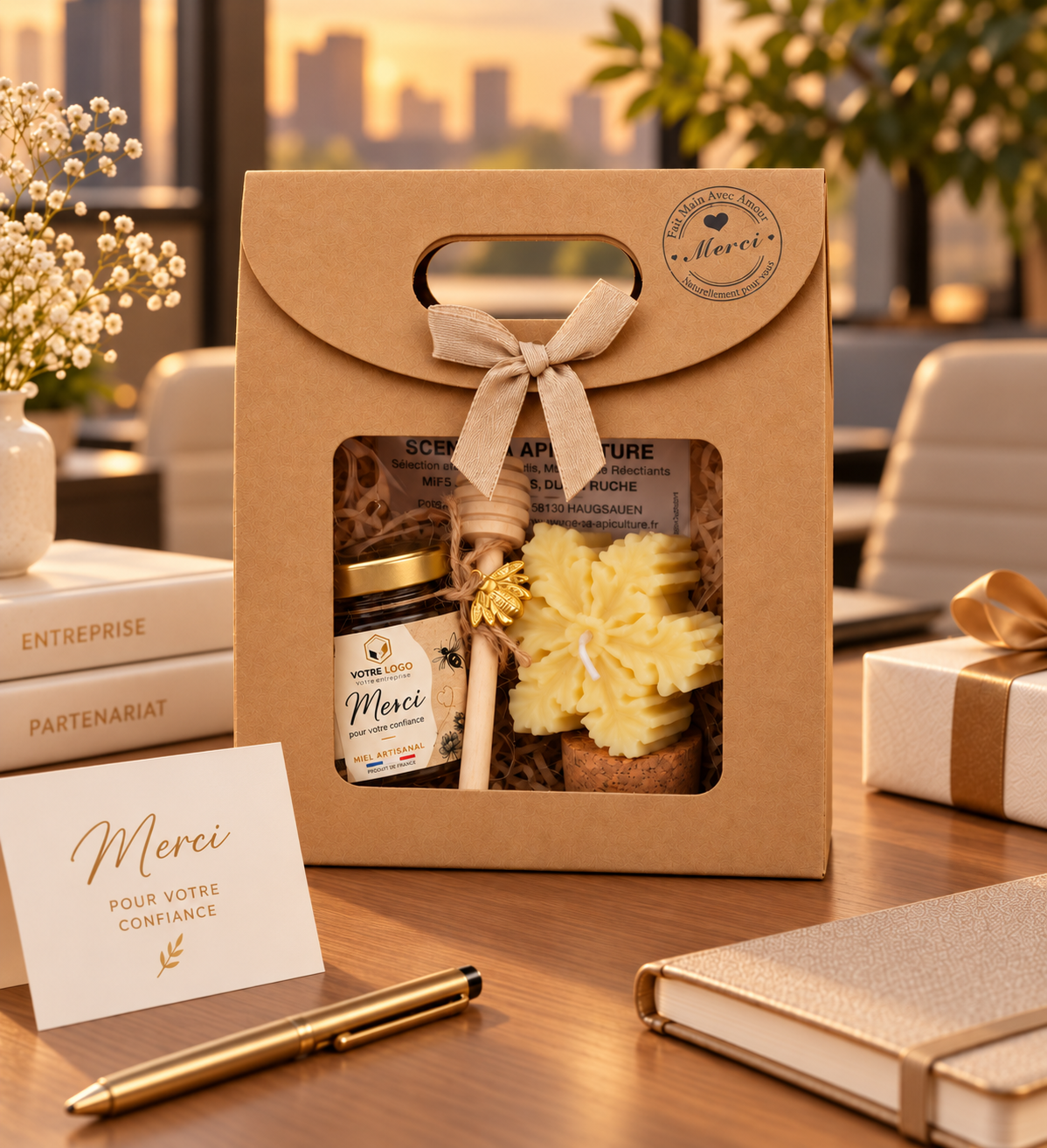 Coffret cadeau client entreprise avec pot de miel personnalisé, cuillère à miel et bougie artisanale en cire d’abeille