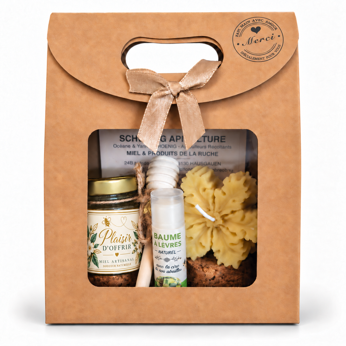 Coffret cadeau client entreprise personnalisable avec pot de miel artisanal, bougie en cire d’abeille et baume à lèvres naturel, idéal pour remercier vos clients et collaborateurs.