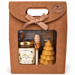 Coffret cadeau client entreprise personnalisé avec logo et message miel artisanal et bougie en cire d’abeille