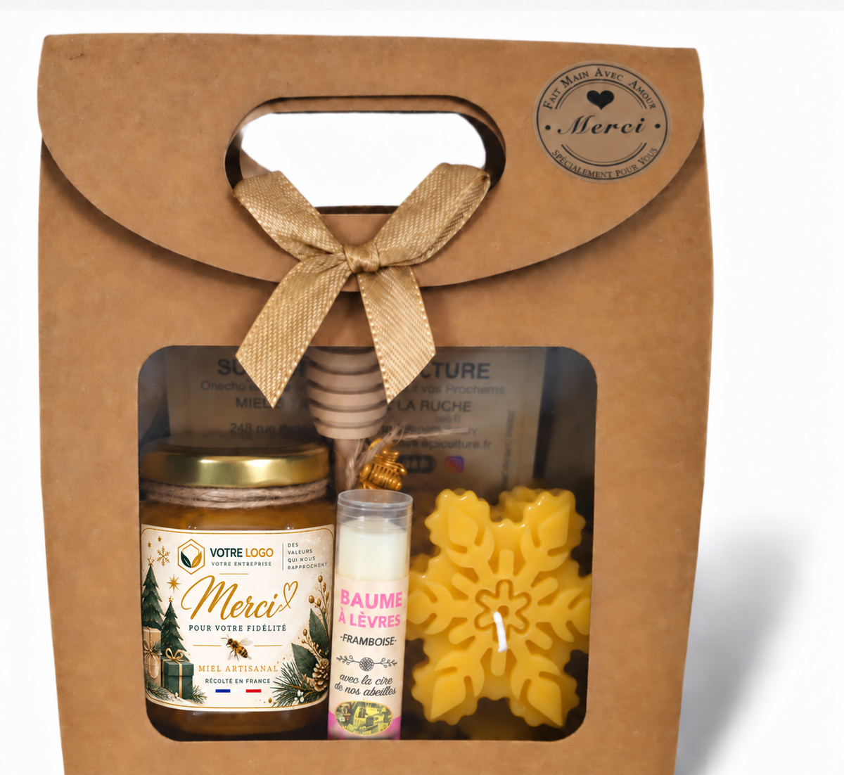 Coffret cadeau client entreprise personnalisé avec miel artisanal, bougie en cire d’abeille flocon et baume à lèvres