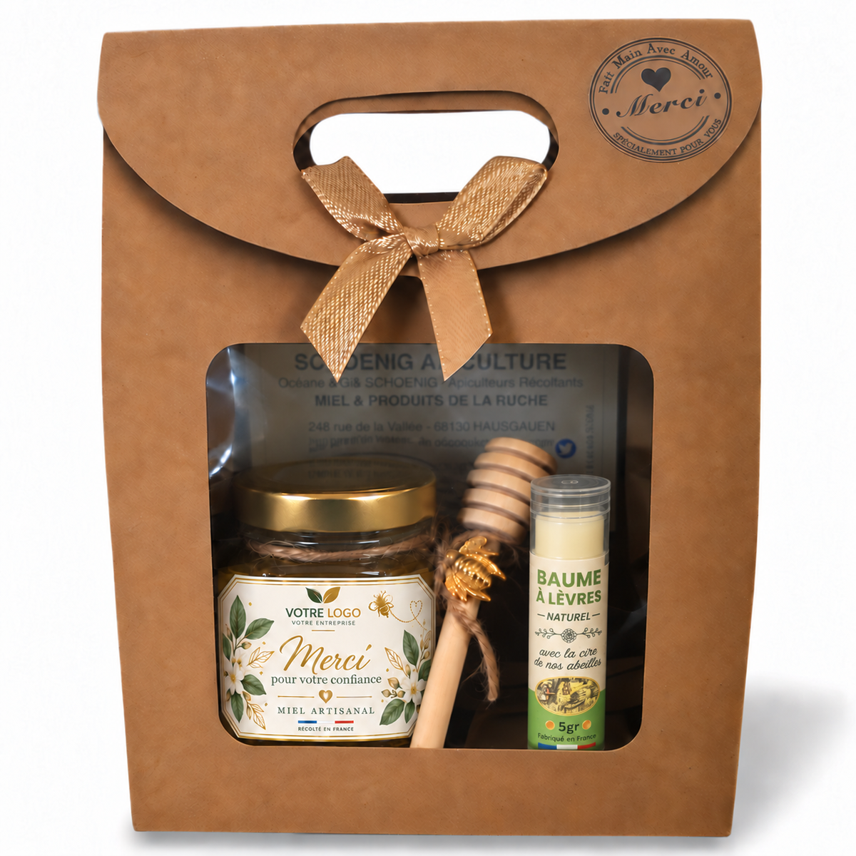 Coffret cadeau client entreprise avec miel artisanal personnalisé, baume à lèvres naturel et cuillère à miel