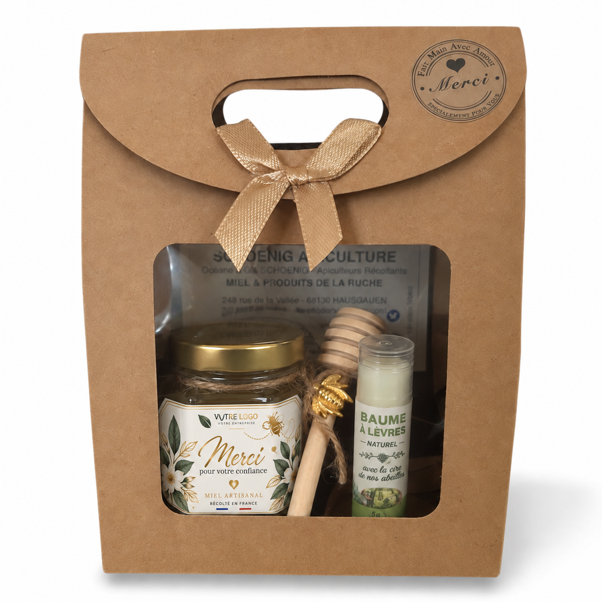 Coffret cadeau client entreprise avec miel artisanal personnalisé, baume à lèvres naturel et cuillère à miel
