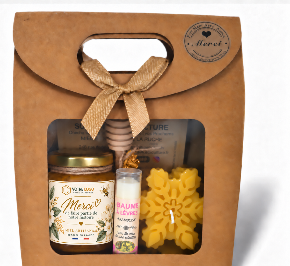 Coffret cadeau client entreprise personnalisé avec miel artisanal, bougie flocon en cire d’abeille et baume à lèvres