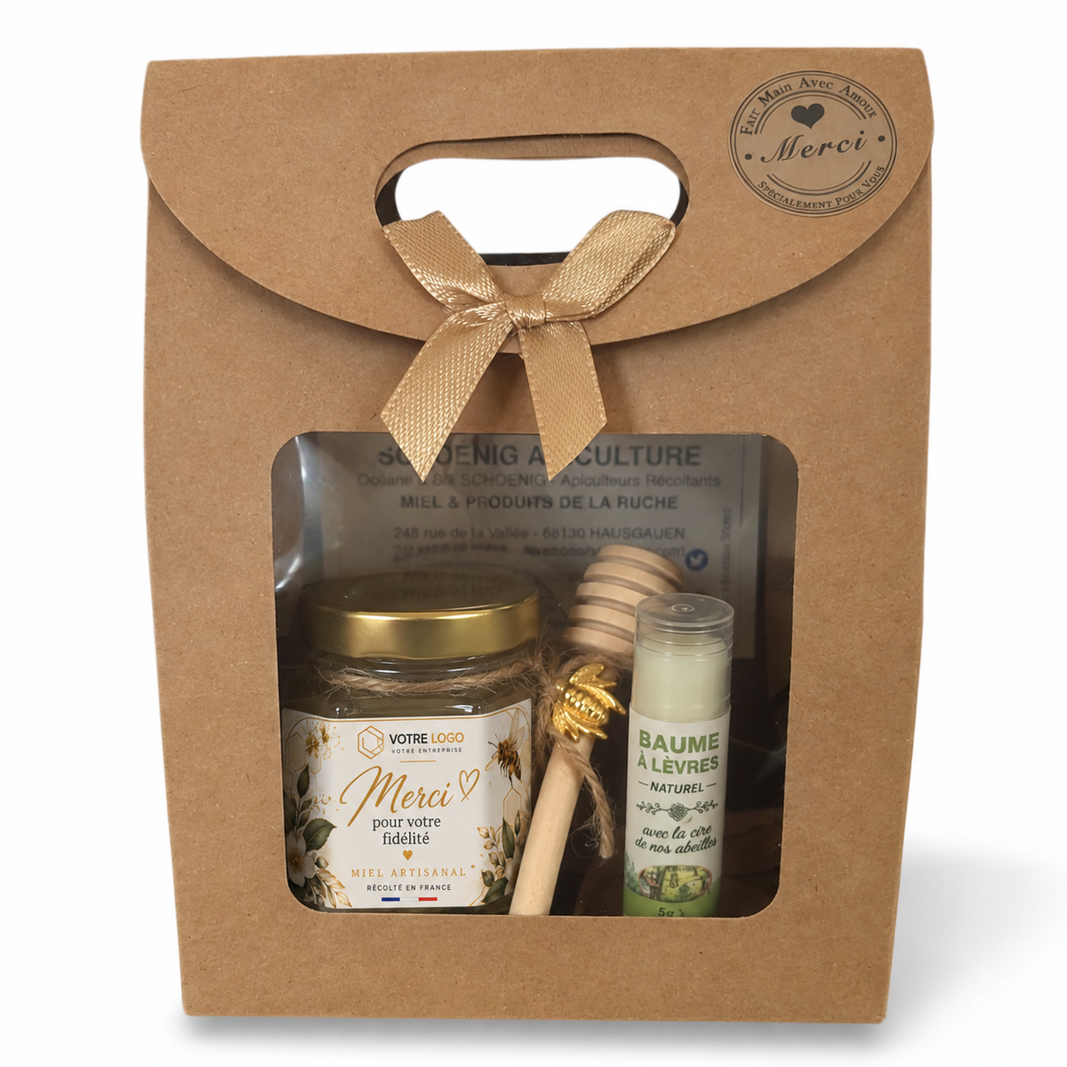 Coffret cadeau client entreprise avec miel artisanal personnalisé et baume à lèvres naturel au miel