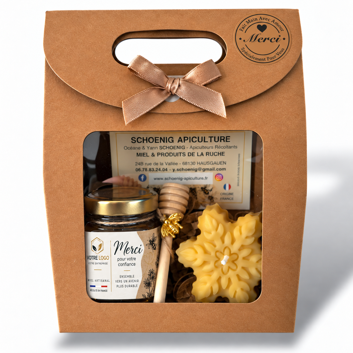 Coffret cadeau entreprise personnalisé avec miel artisanal et bougie en cire d’abeille