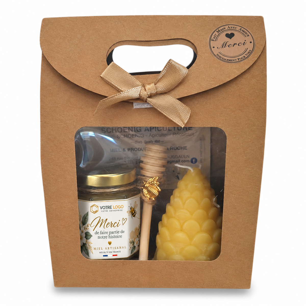 Coffret cadeau client entreprise personnalisé avec pot de miel artisanal et bougie en cire d’abeille