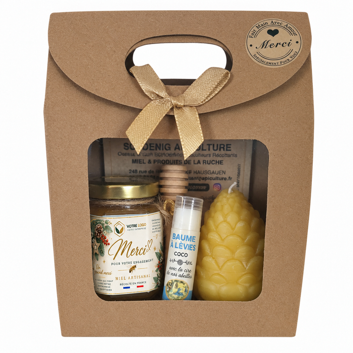 Coffret cadeau client entreprise pour Noël avec miel artisanal personnalisé, bougie de Noël en cire d’abeille et baume à lèvres coco