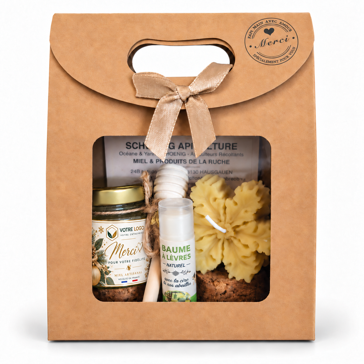 Coffret cadeau client entreprise personnalisé pour Noël avec pot de miel artisanal et étiquette personnalisable avec logo, bougie flocon en cire d'abeille, baume à lèvres naturel et cuillère à miel.