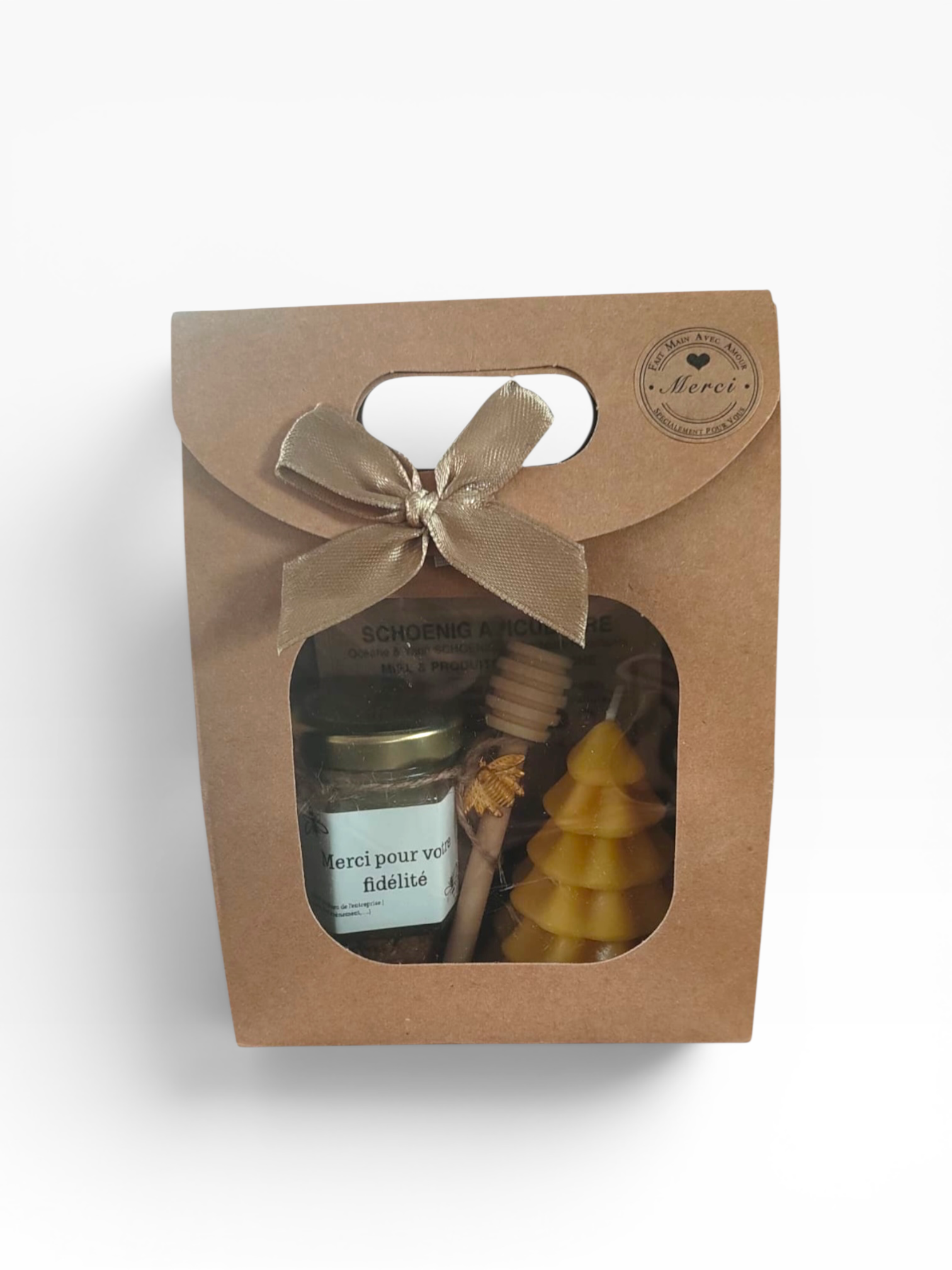 Coffret cadeau client Merci pour votre fidélité avec miel artisanal et bougie sapin de Noël
