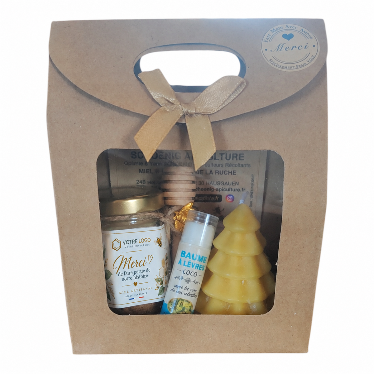 Coffret cadeau client personnalisé avec pot de miel artisanal, bougie en cire d'abeille et baume à lèvres pour remercier ses clients