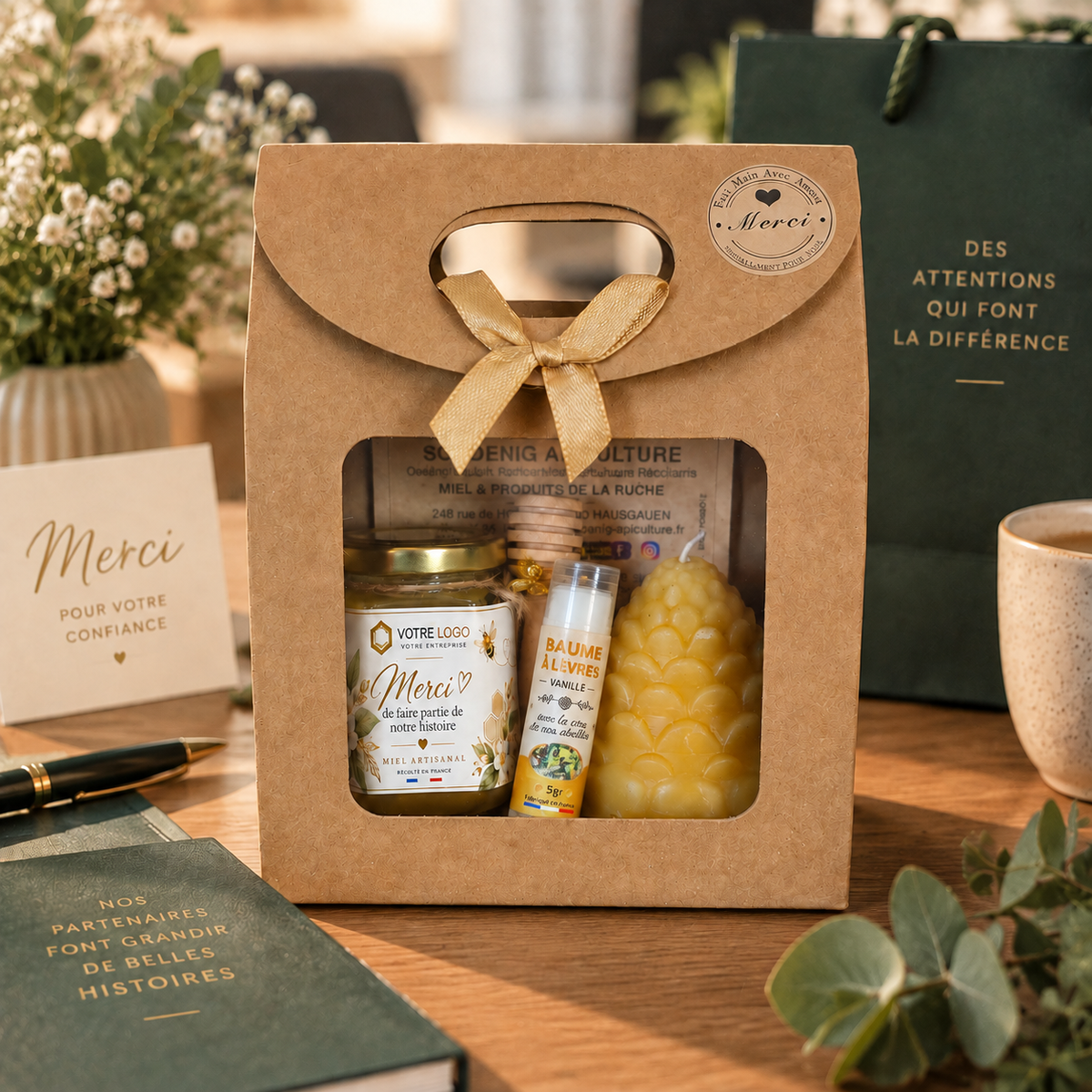 Coffret cadeau entreprise personnalisé pour remercier ses clients avec pot de miel artisanal, bougie cire d'abeille et baume à lèvres